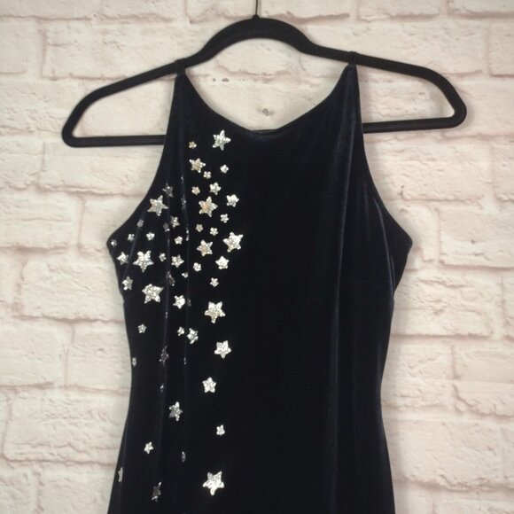 VTG 90s Black Gothic Prom Dress Size 3/4 Black Velvet Glitter Formal Gown USA - Picture 4 of 11